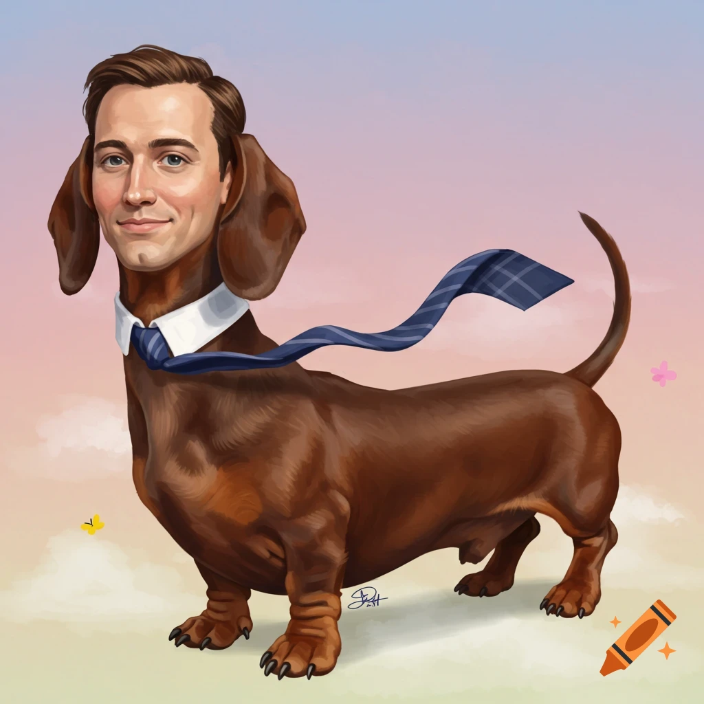 Illustration of a man's head on a dachshund body wearing a shirt and tie.