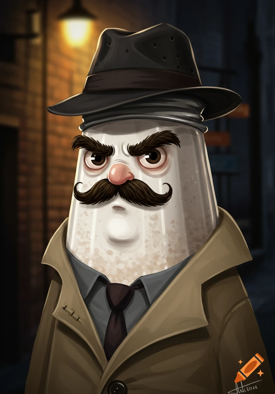 Cartoon salt shaker character dressed as a detective in an alley.