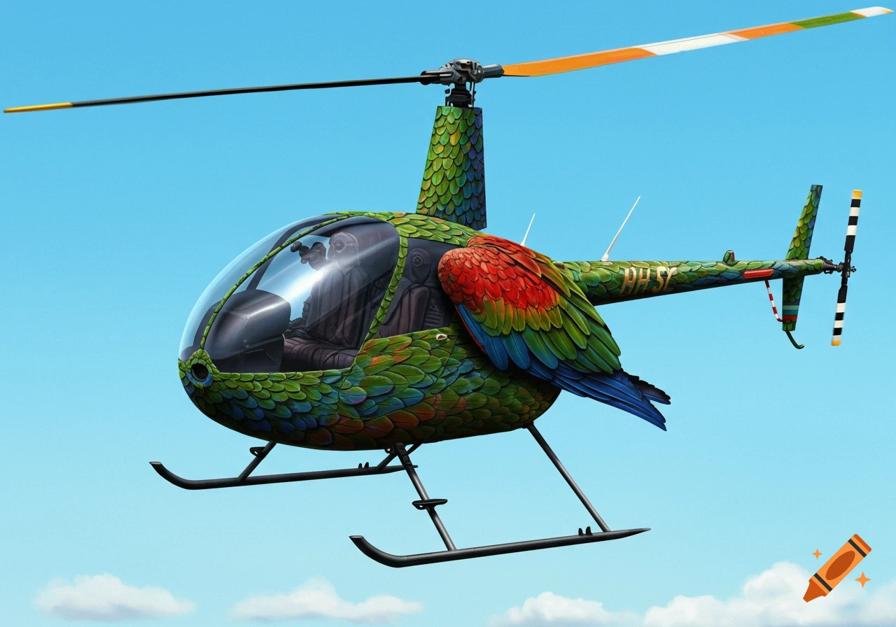 A helicopter covered in green, blue, and red parrot feathers with a large parrot wing attached.