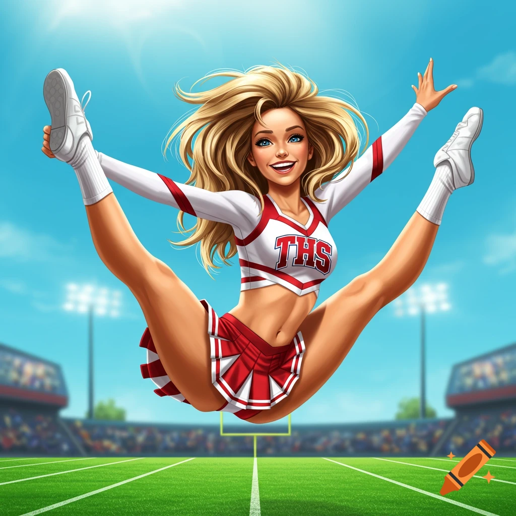 An illustration of a cheerleader in a red and white uniform doing a high jump over a football field.