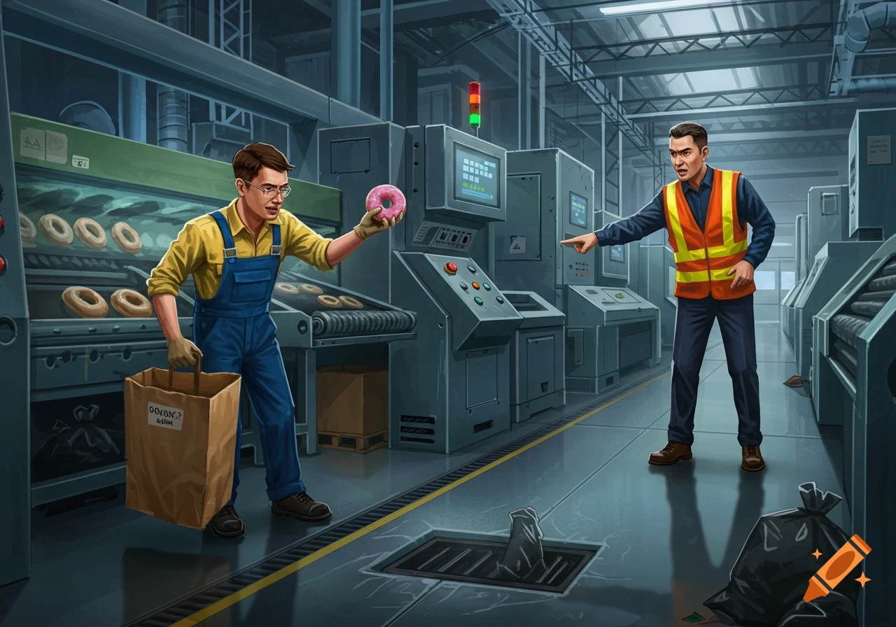 Two men in a factory, one holding a donut and bag, the other pointing sternly in a digital illustration.