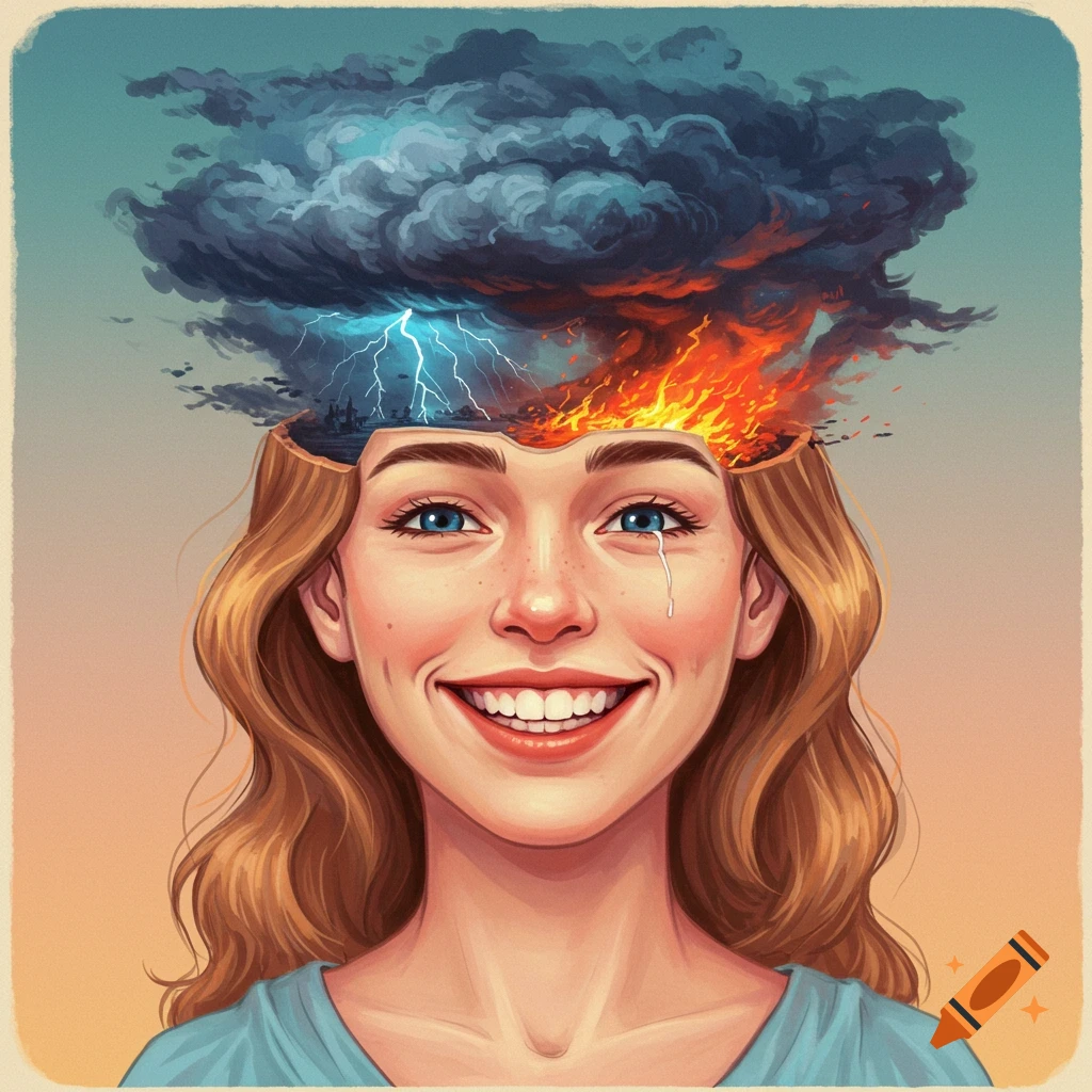 A woman with a happy expression, but her head is open to reveal a storm and fire inside, a symbolic portrait.