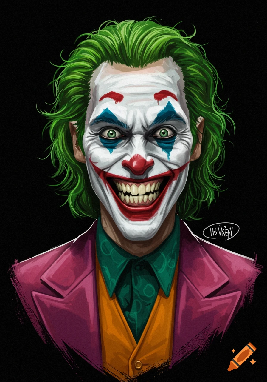 Illustration of the Joker character with green hair and clown makeup.