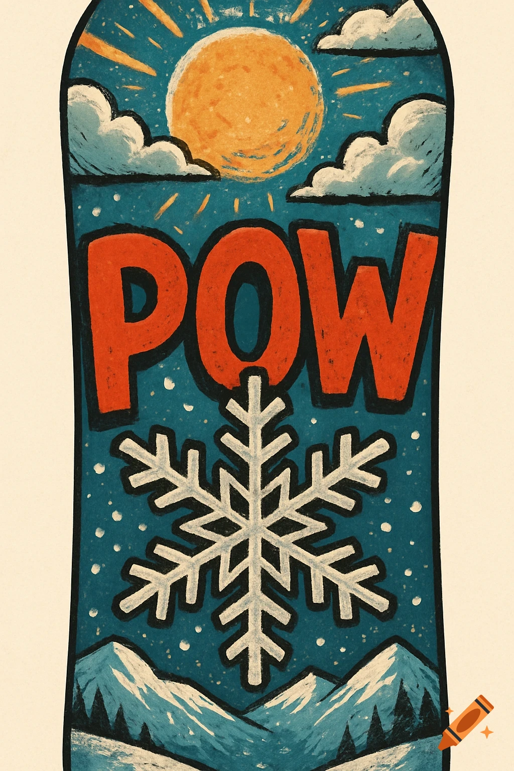 Graphic illustration on a snowboard with the text POW (with a snowflake O), sun, clouds, mountains, and snow.