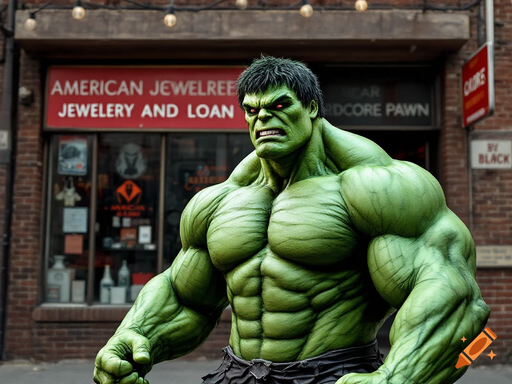 A muscular green figure resembling the Hulk stands in front of a storefront.