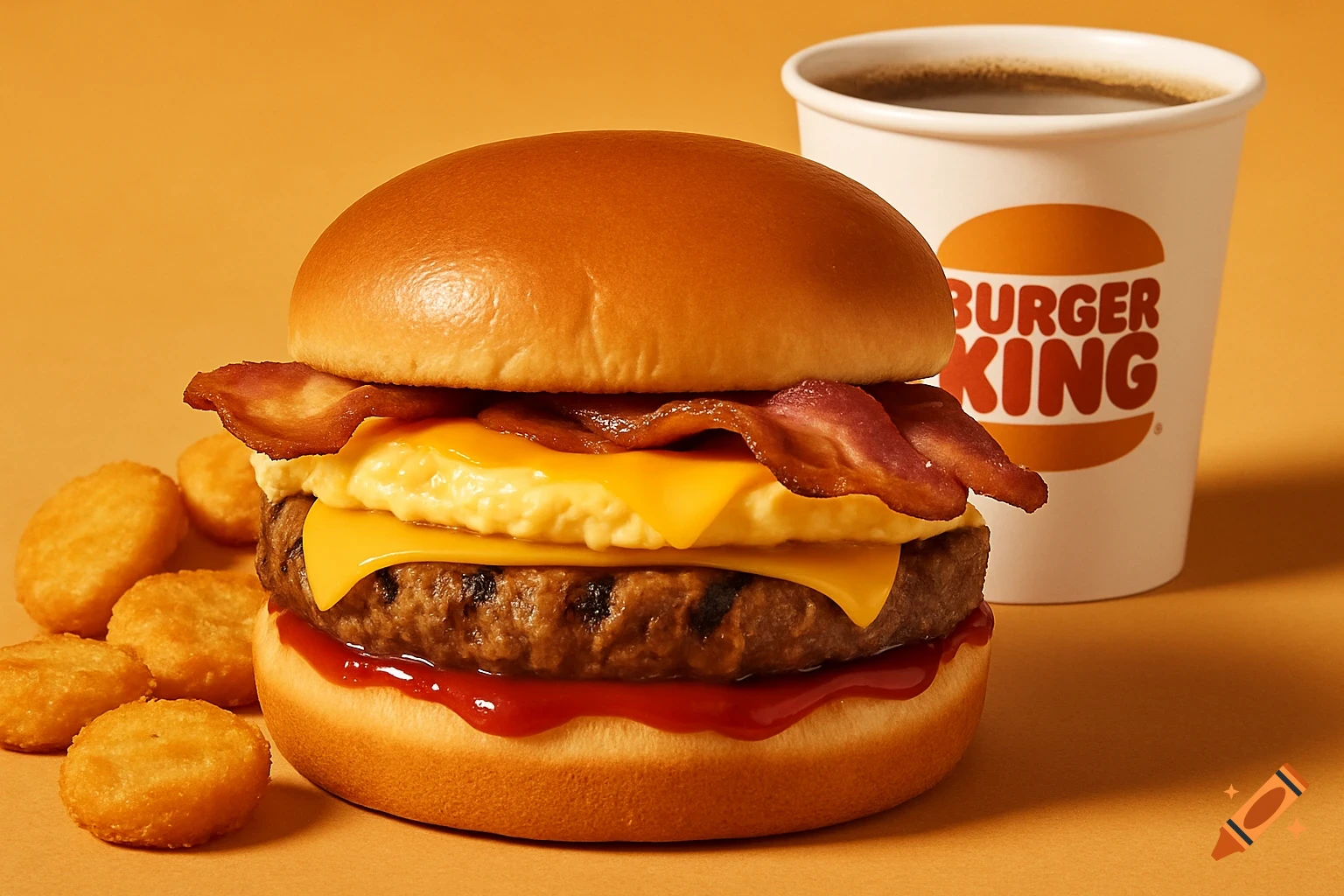 Breakfast burger, hash browns, and Burger King coffee cup on orange background.