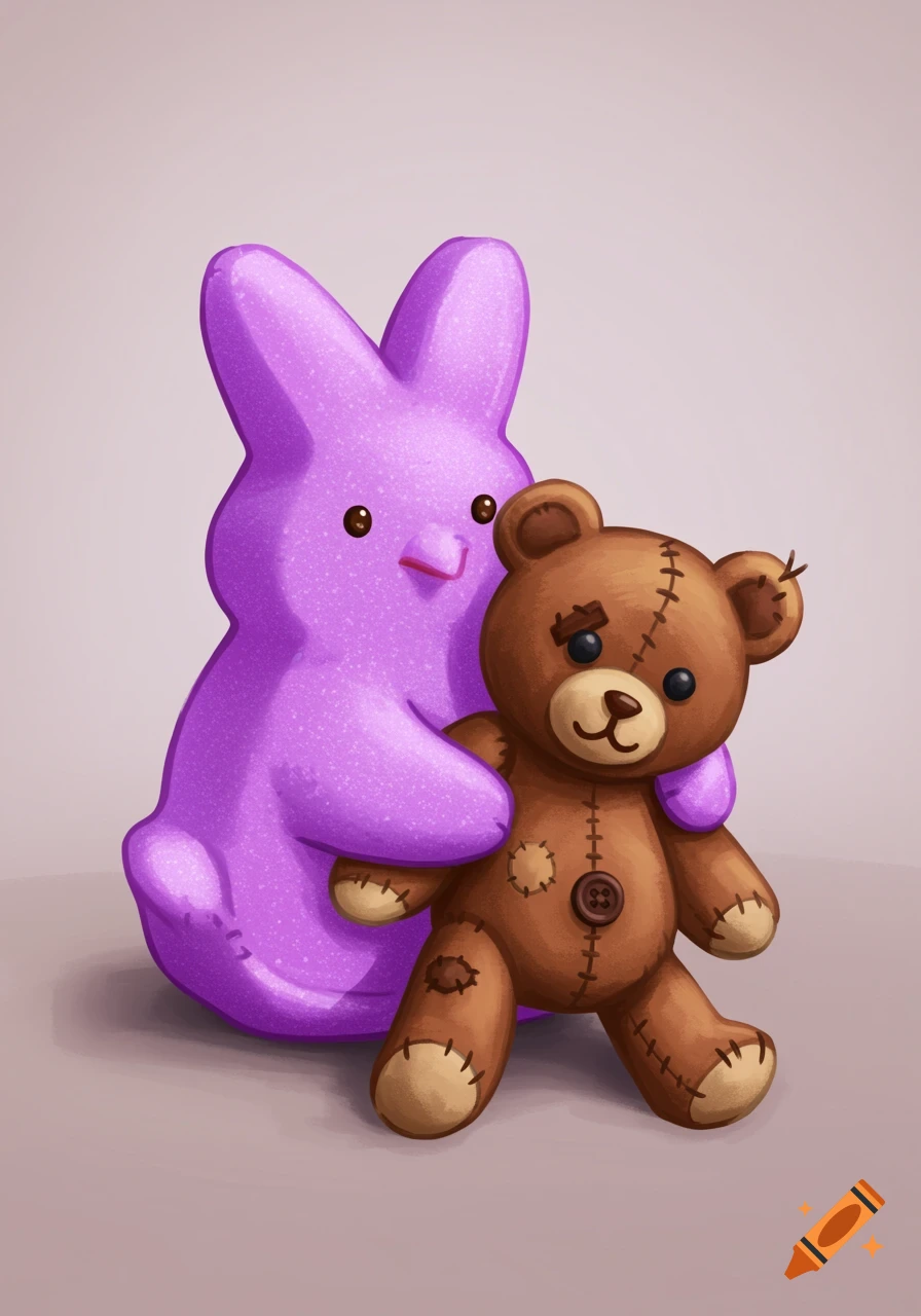 A purple Peeps bunny stuffed animal holding a ragged brown teddy bear.