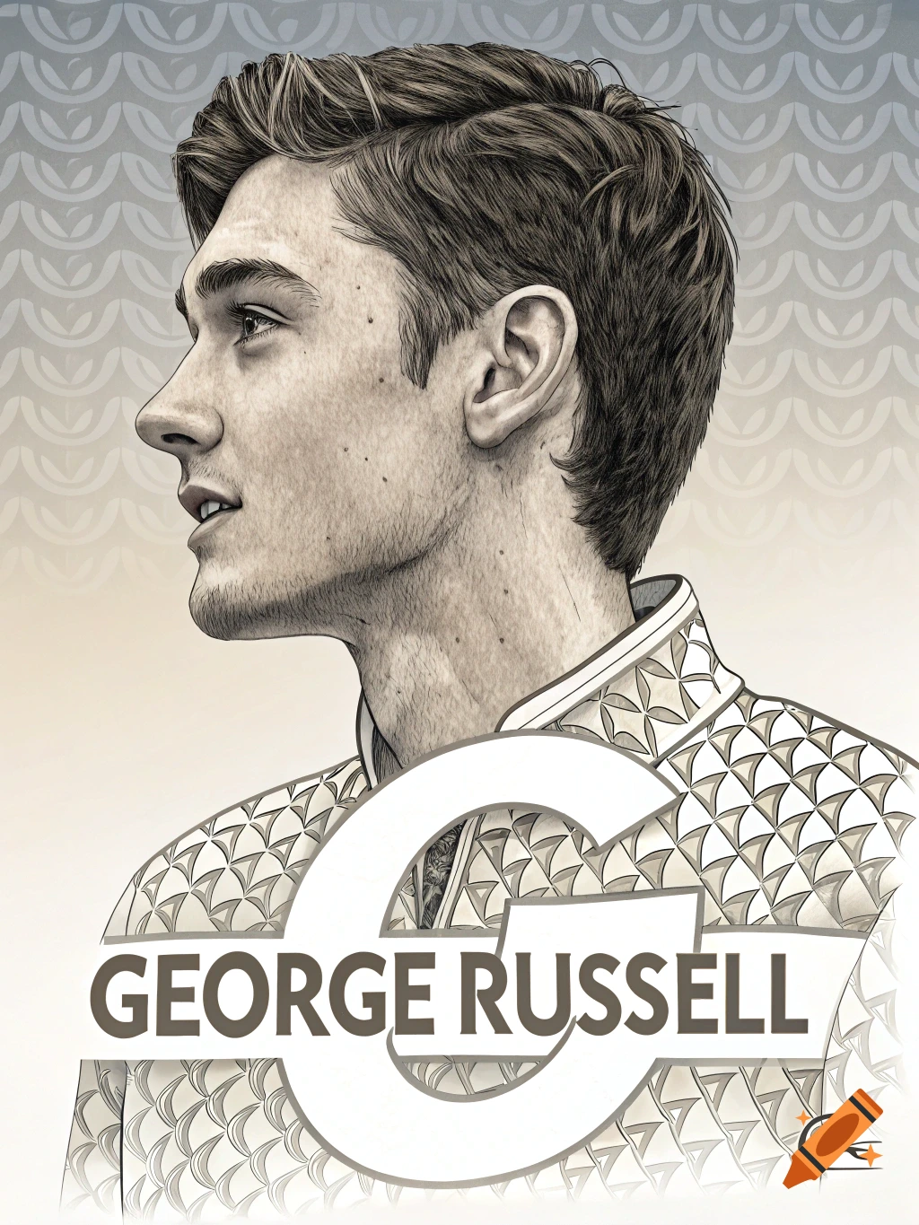 Illustration of George Russell, a portrait overlaid with text and a ...