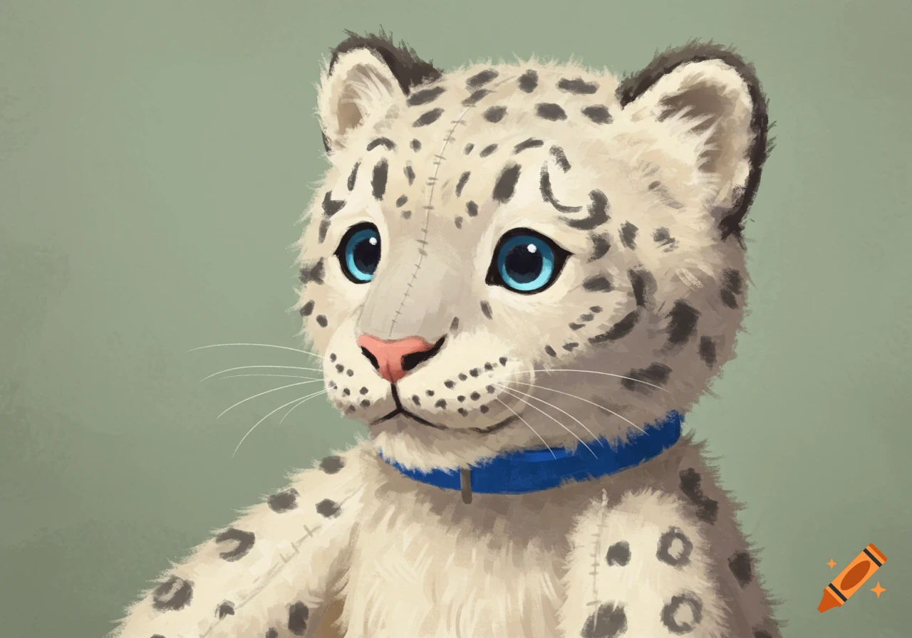 Plush snow leopard cub wearing a blue collar, digital painting