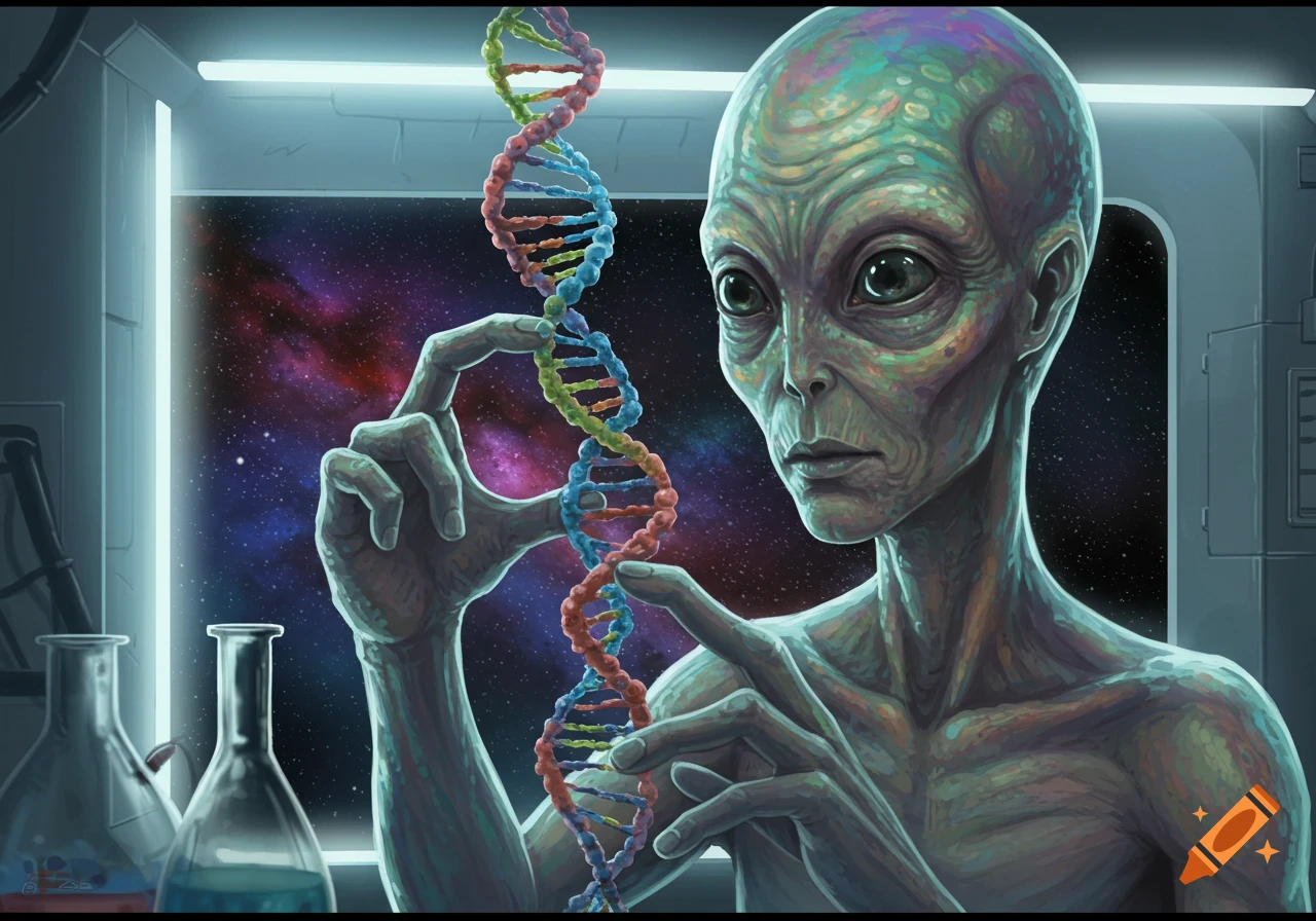 Alien examines a DNA strand in a lab overlooking space.