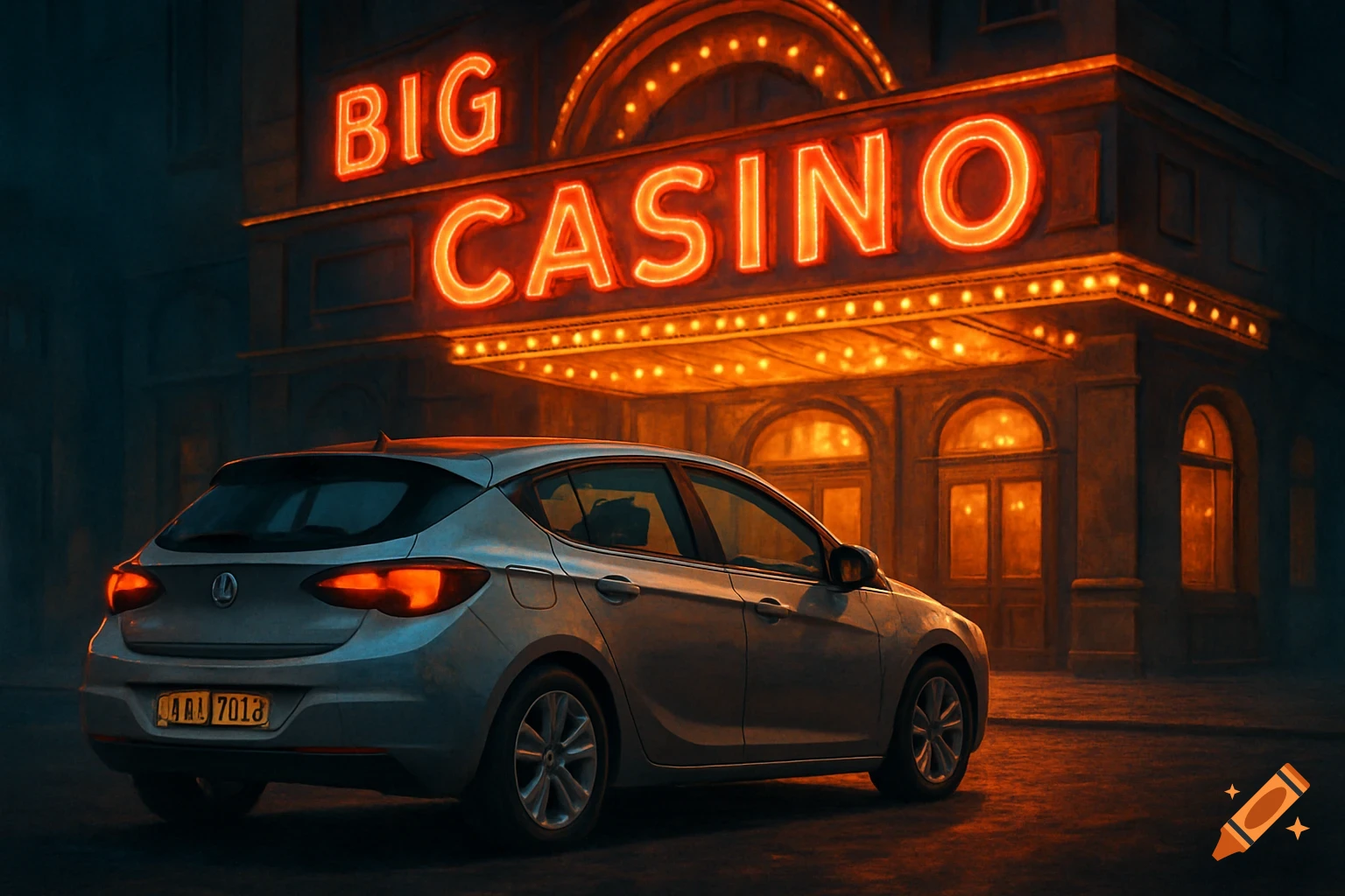 A silver car is parked outside a building with a large neon sign reading 'BIG CASINO' at night.
