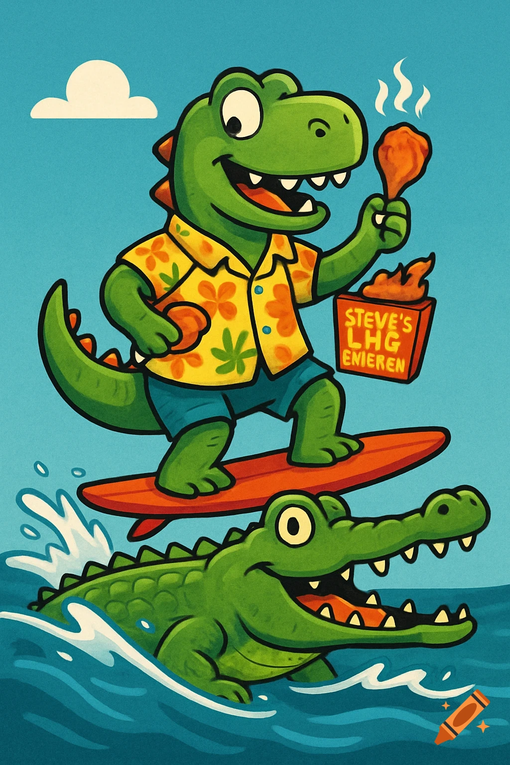 Cartoon dinosaur in a tropical shirt surfing on a crocodile, eating chicken.