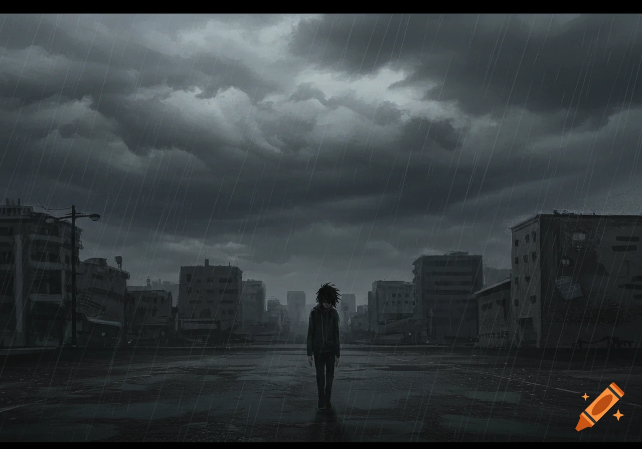 Anime-style figure standing in heavy rain in a dark, ruined city street under stormy sky.