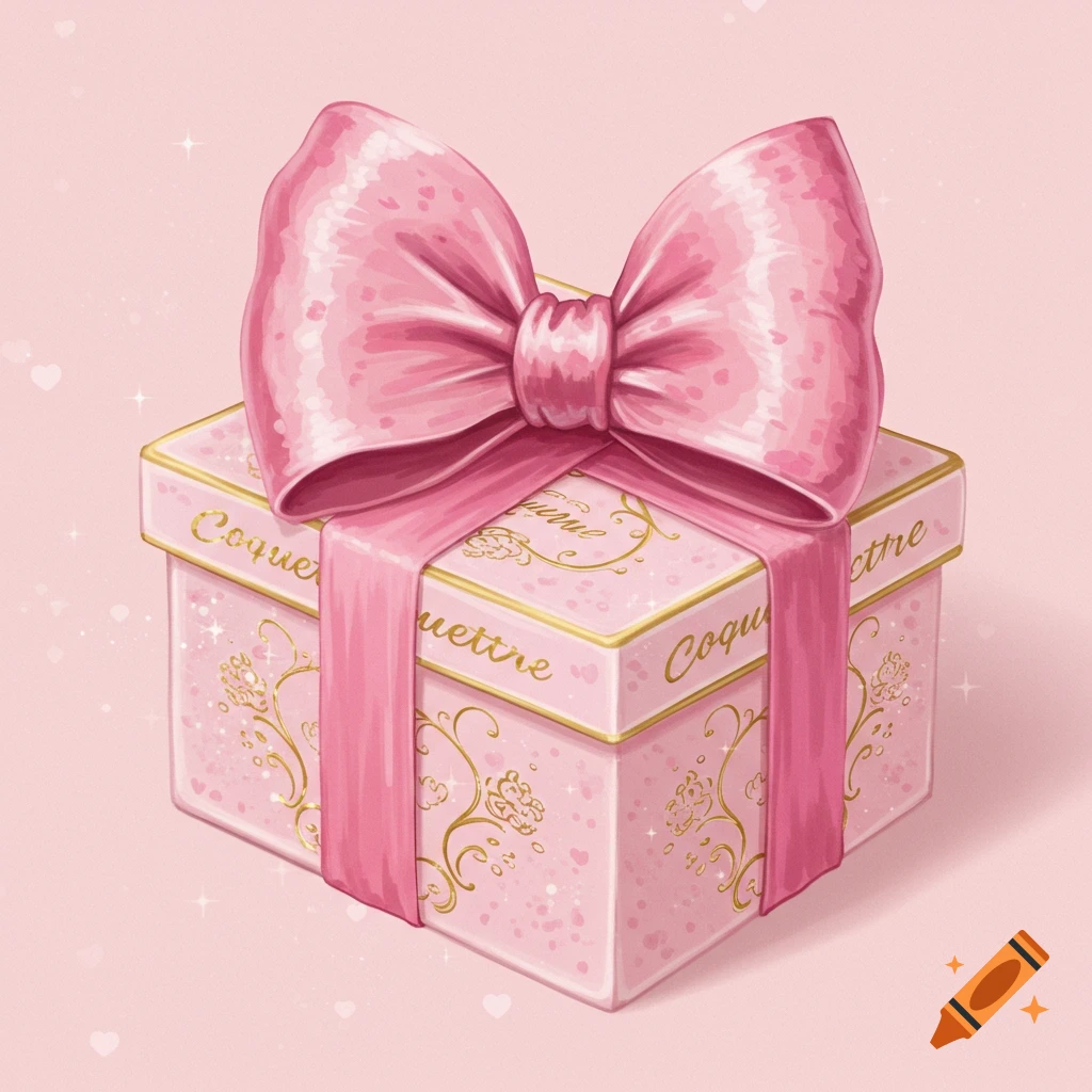 A pink gift box with a large pink bow and gold trim.