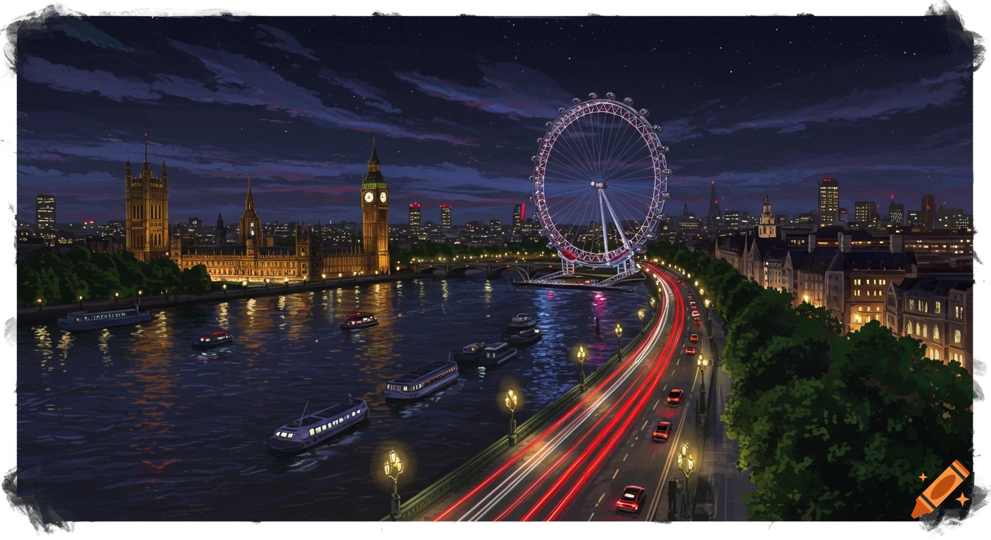 Illustrated London cityscape at night with Big Ben, Houses of Parliament, London Eye, Thames river, and car light trails on a road.