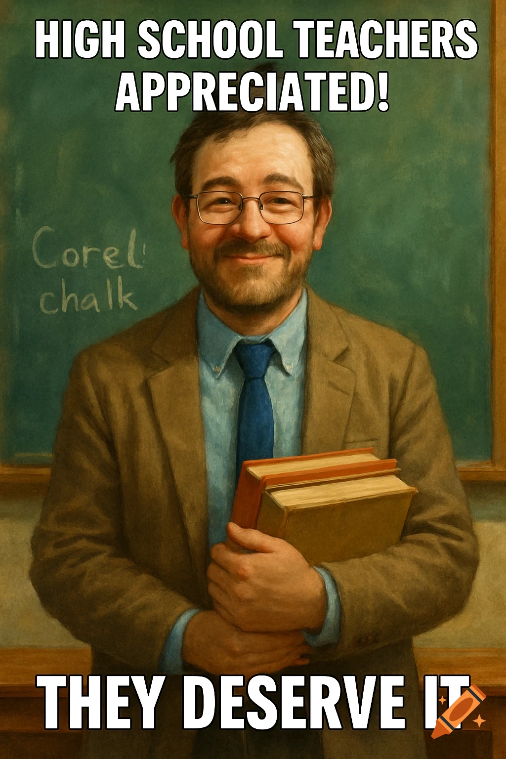 Portrait of a smiling male teacher holding books in front of a chalkboard. Text overlays say 'HIGH SCHOOL TEACHERS APPRECIATED! THEY DESERVE IT'.