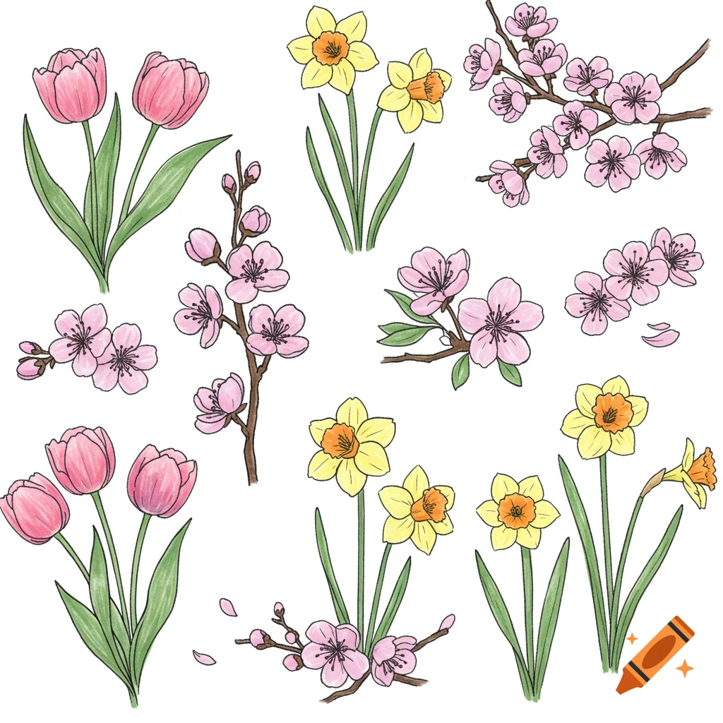Illustrations of pink tulips, yellow daffodils, and pink cherry blossoms on a white background.