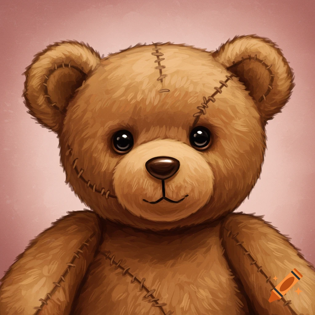 Close-up illustration of a brown teddy bear with stitched seams.