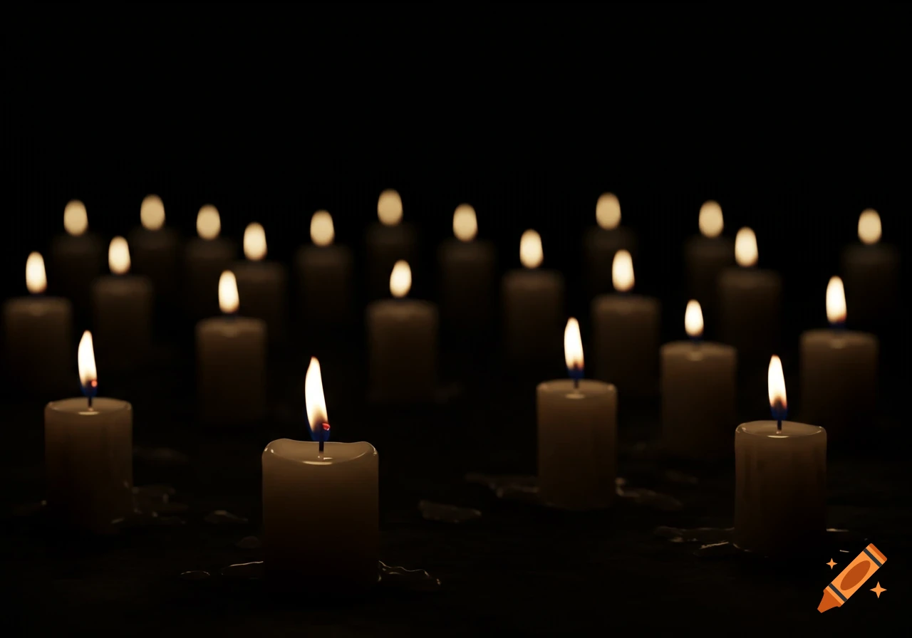 Lit candles in darkness with some in focus and others blurred