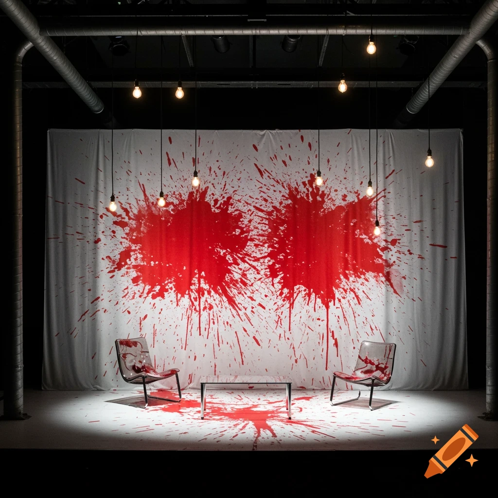 Stage set with red paint splatters on a white backdrop and floor, two chairs, a table, hanging lights, and industrial pipes.