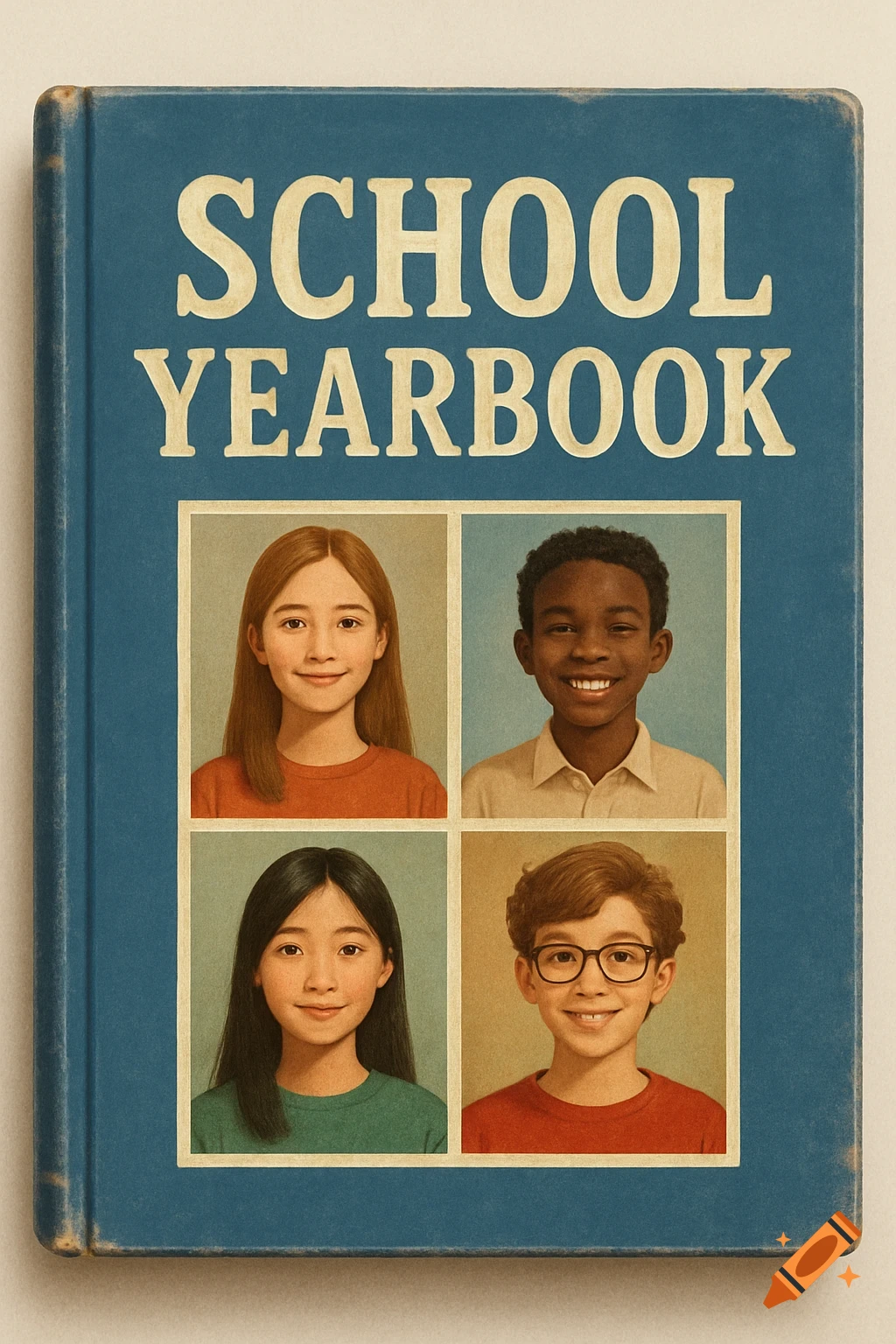 A blue school yearbook cover with four portrait photos of diverse children.