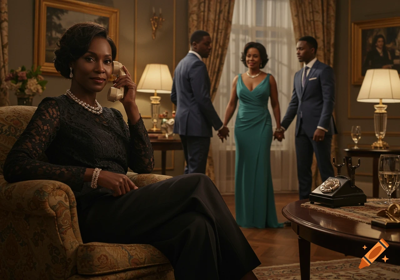 Woman in vintage room talking on phone, couple in background.
