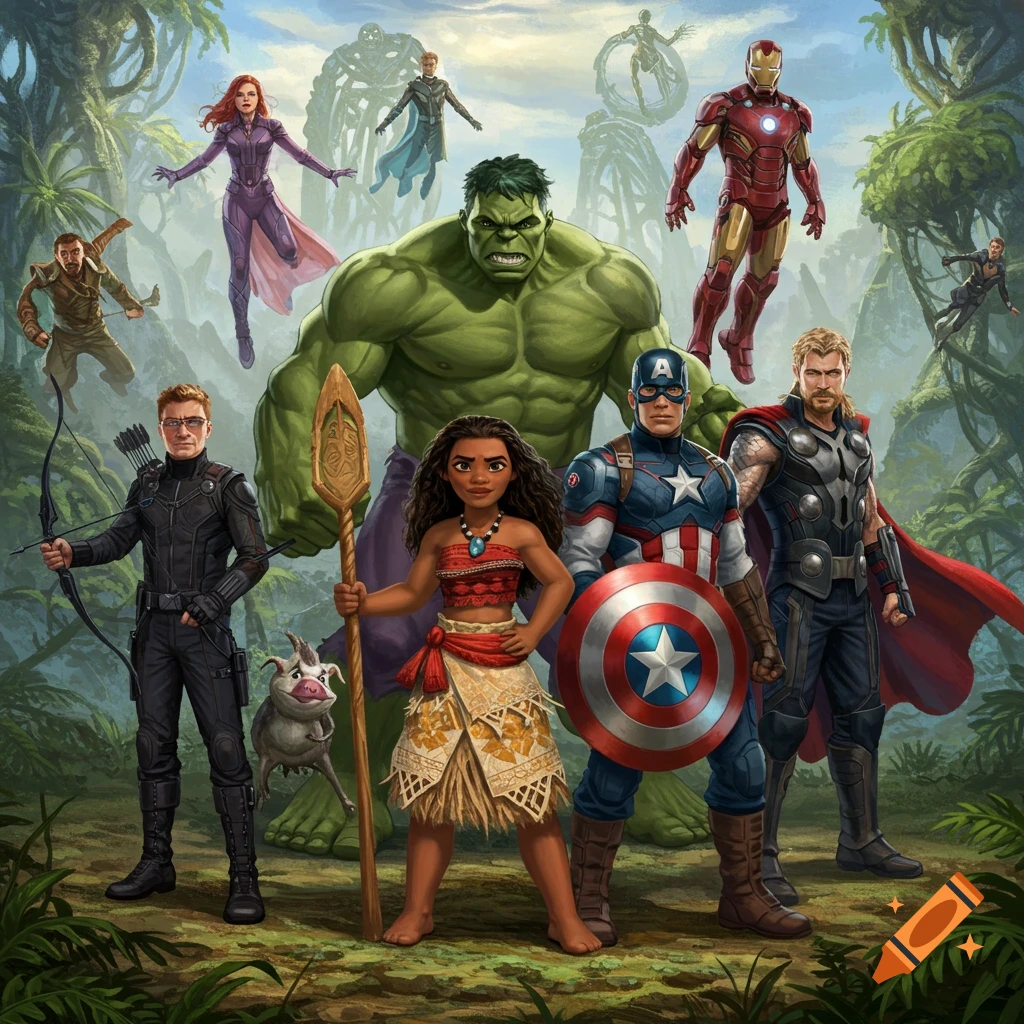 Moana stands with Hulk, Captain America, Thor, Hawkeye, and other Avengers in a jungle.