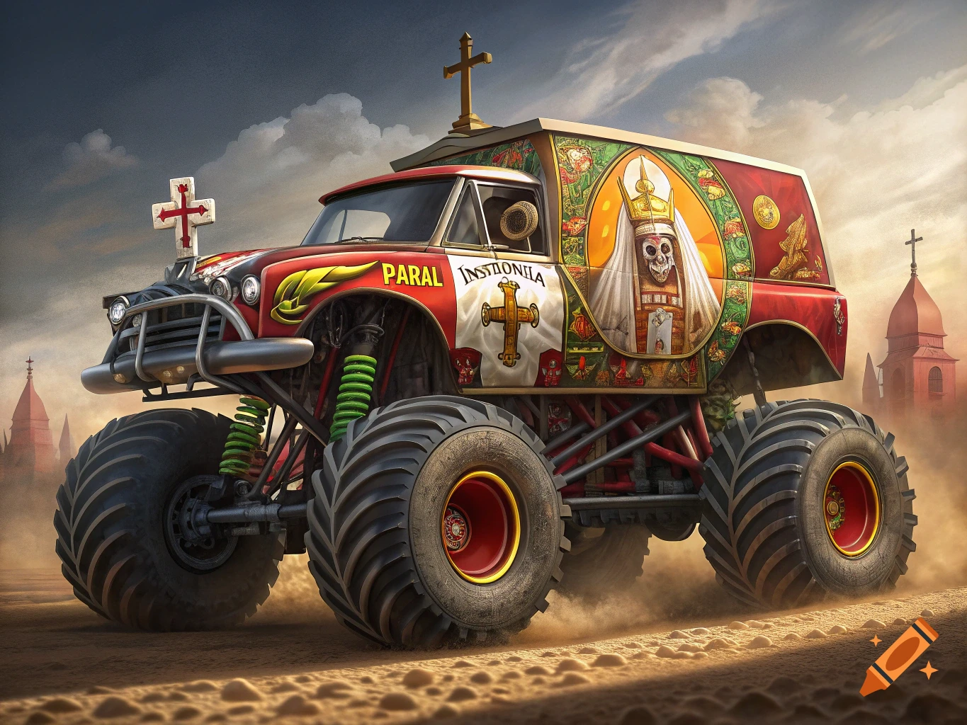 A religious monster truck with crosses and a skull image wearing a pope's miter drives on a dirt road.