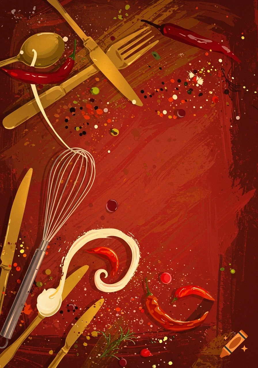 Illustration of cooking utensils, red peppers, and spices on a red ...