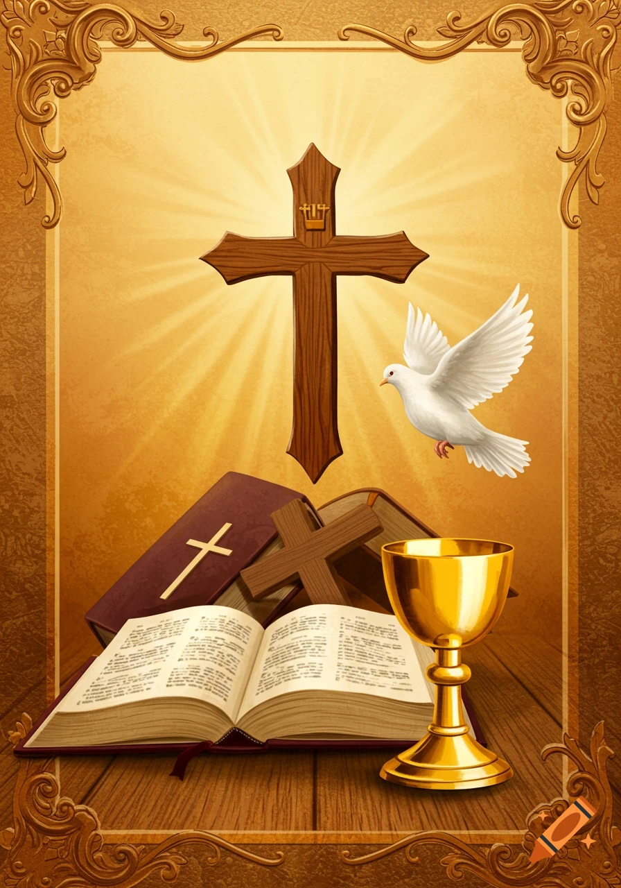 Christian symbols: a cross, open Bible, golden chalice, and white dove, framed by ornate borders.