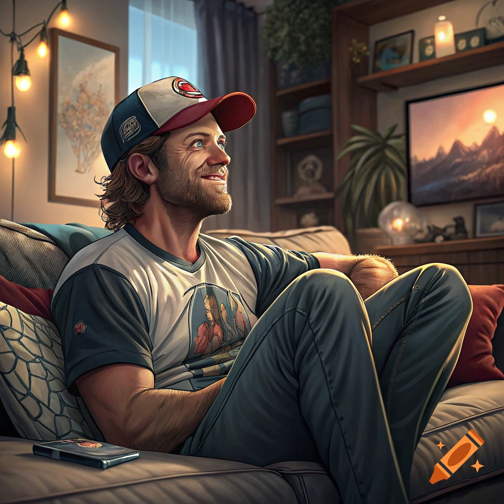 A man in a cap and t-shirt sits on a couch watching TV.