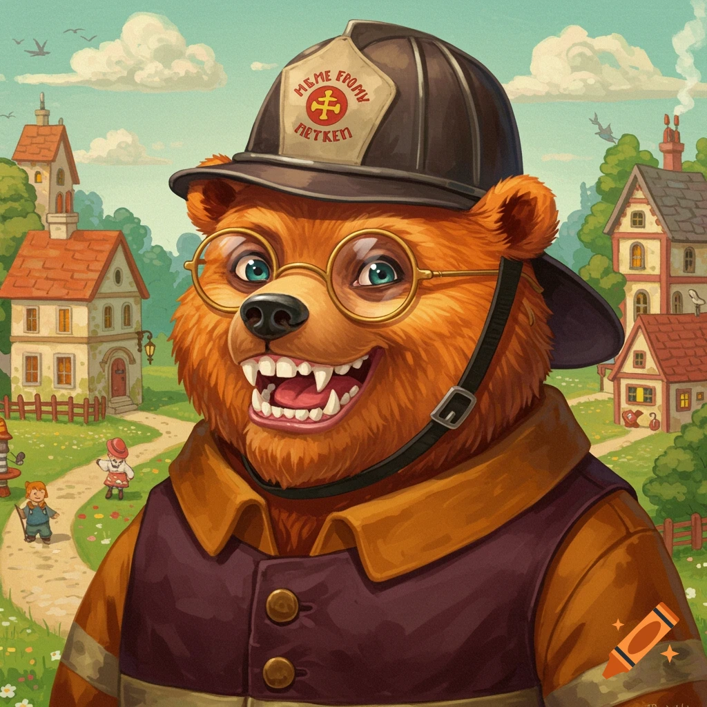 Cartoon illustration of a smiling bear wearing a fireman's hat and glasses in a whimsical village.