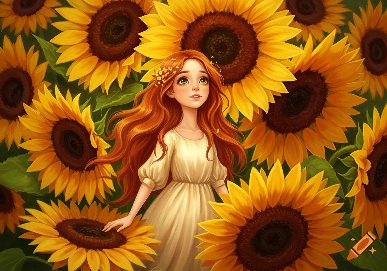 An illustration of a girl with red hair surrounded by sunflowers. on ...