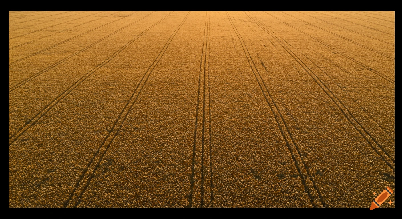 Aerial view of a golden wheat field with tractor tracks.