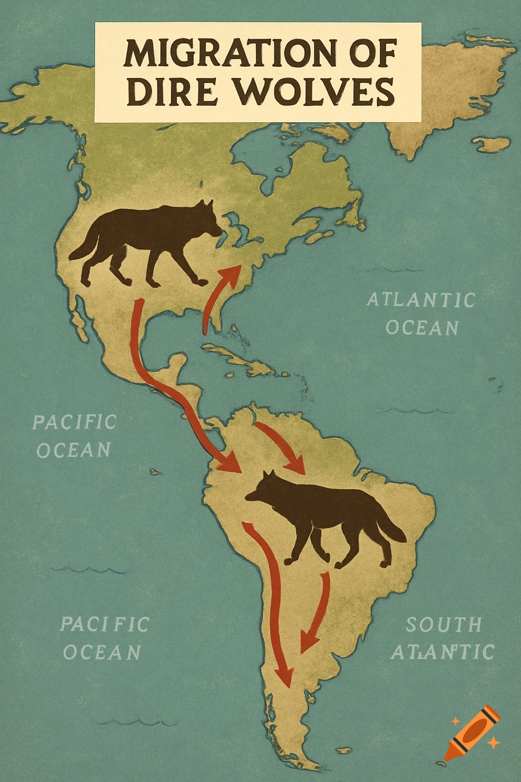 Map showing migration routes of dire wolves across North and South America with ocean labels.