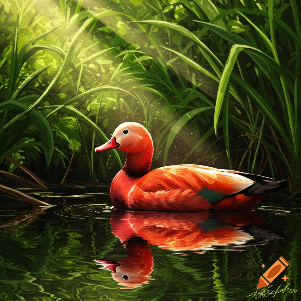 A red duck swims in a pond among tall green reeds with sunlight filtering through.