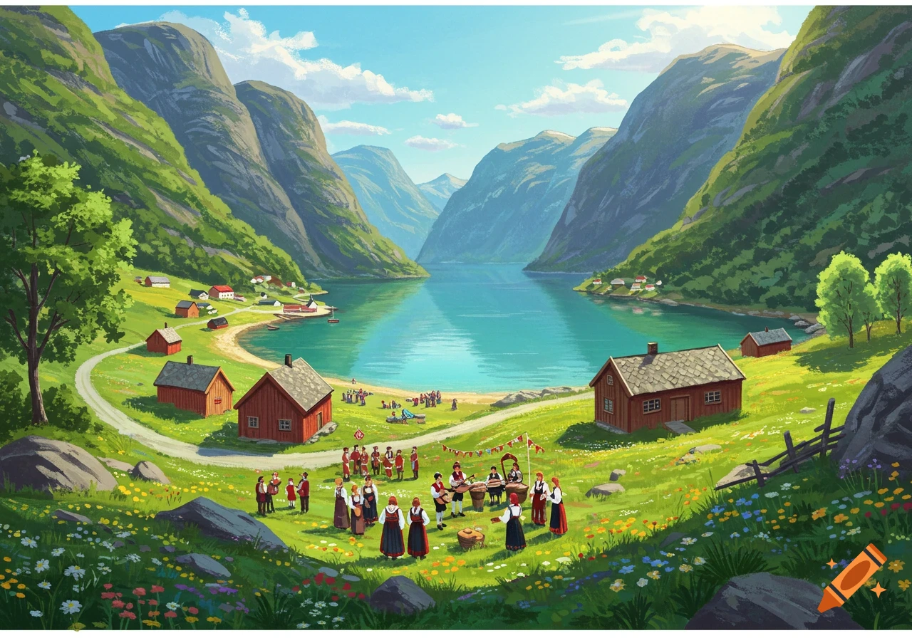 Illustrative painting of a vibrant village celebration by a fjord in Norway, surrounded by mountains and wildflowers.