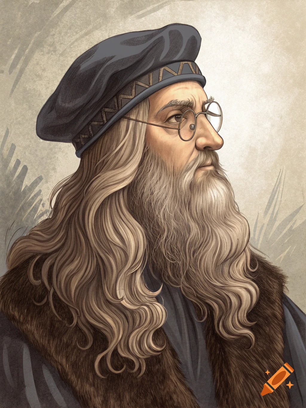Illustration of Leonardo da Vinci with a long beard, hat, and glasses