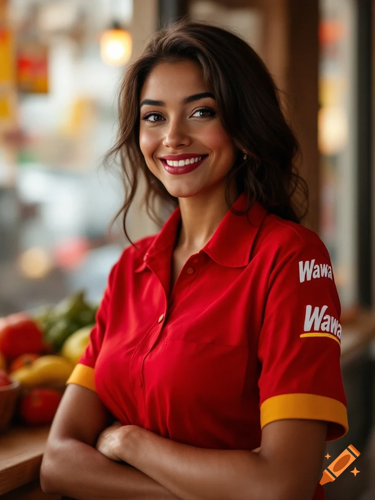 A photorealistic portrait of a woman in a red Wawa uniform smiling with her arms crossed.