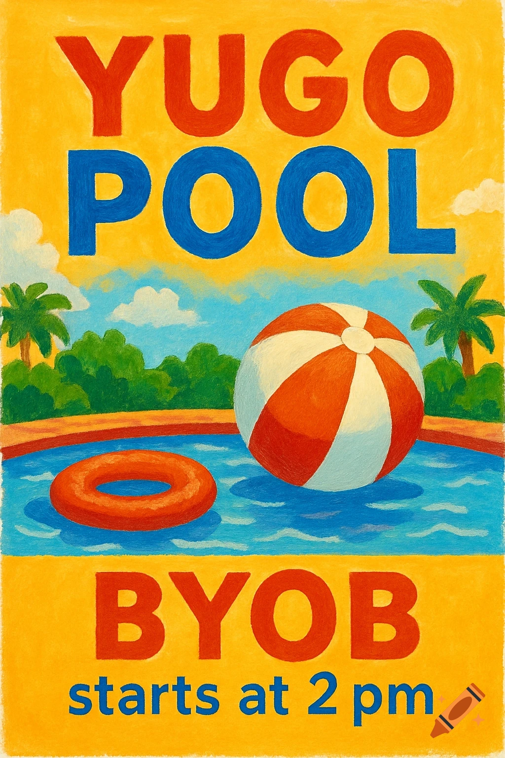 Pool party flyer illustration with text, a pool, beach ball, and flotation ring.