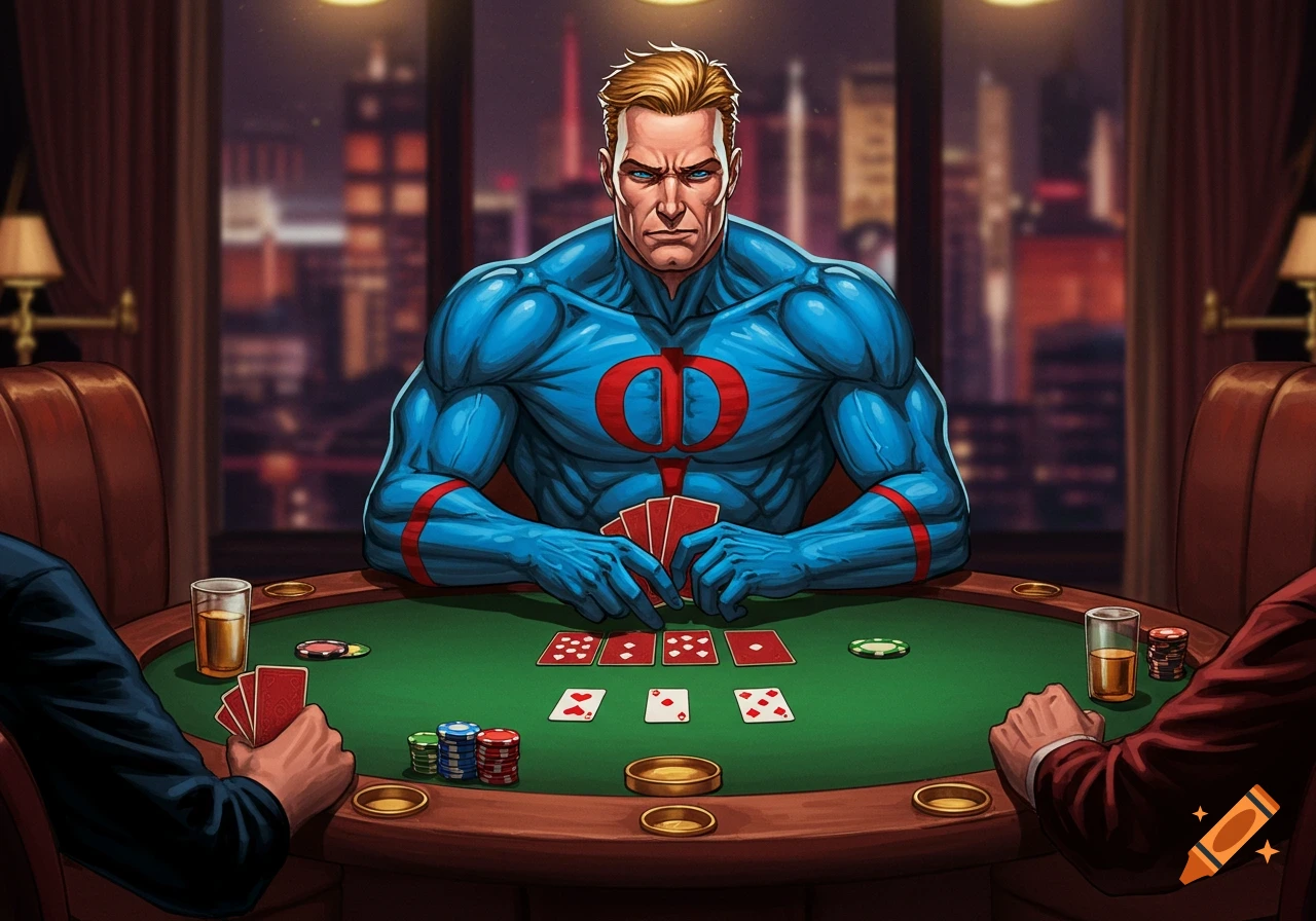 Superhero in blue suit with red symbol plays poker at a table overlooking a city.