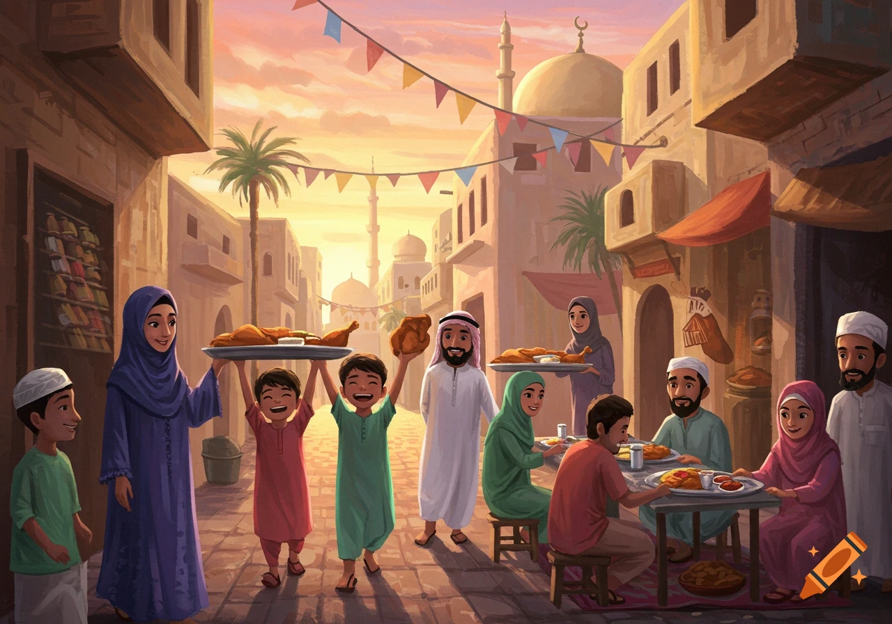 Cartoon illustration of people celebrating on a street, carrying food, with mosques and buildings in the background.