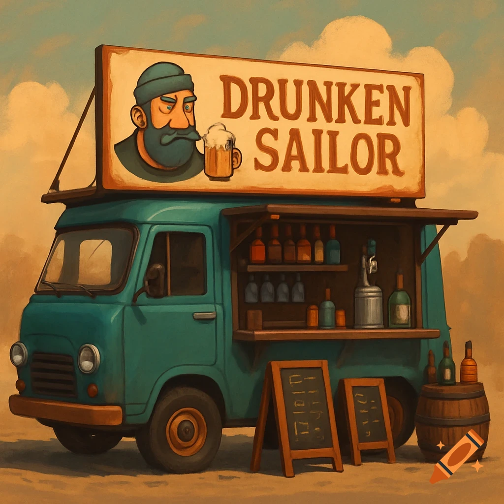 An illustration of a teal food truck with a 'Drunken Sailor' sign and a man with a beer.