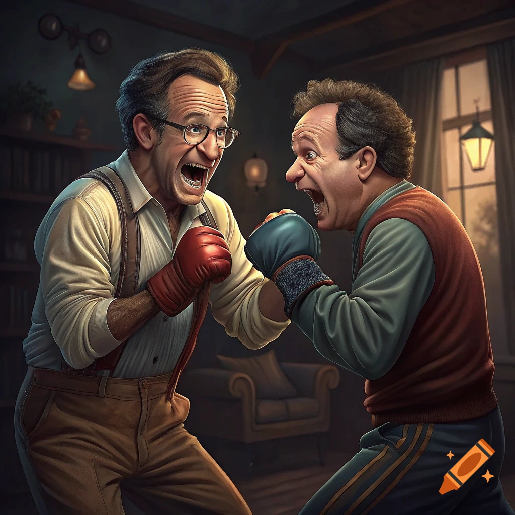 Two men wearing boxing gloves face off in a boxing match indoors