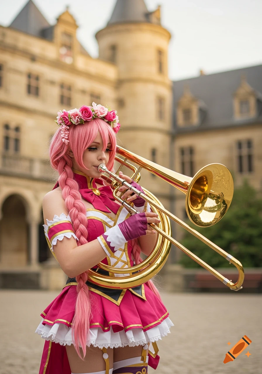 A woman with pink hair in anime cosplay plays a large trombone in a castle courtyard. Photo quality.