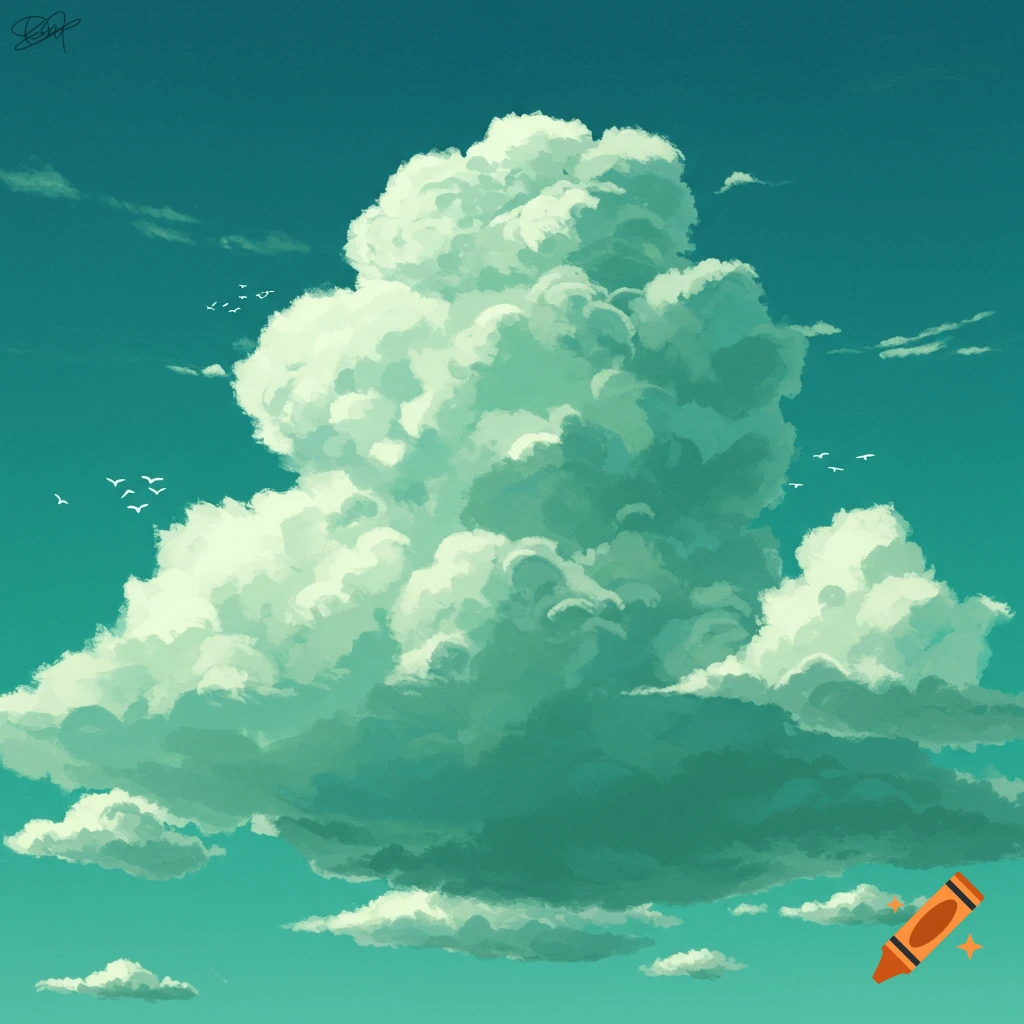 Painterly illustration of a large white and green cloud formation in a teal sky with birds.