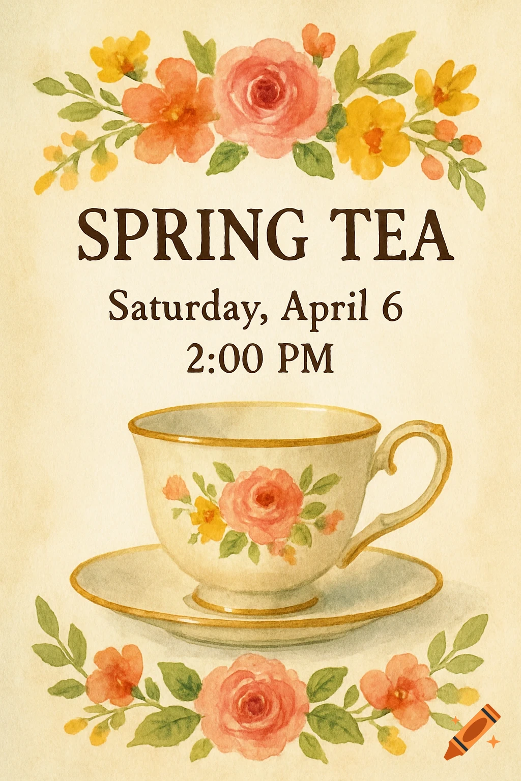 Watercolor invitation for Spring Tea with teacup and flowers
