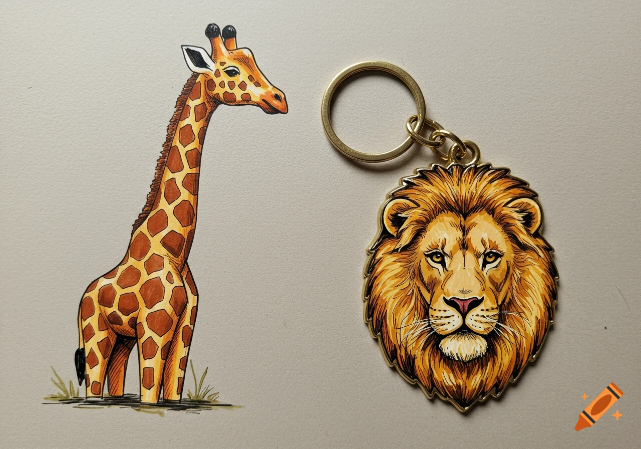 An illustration of a giraffe standing next to a lion head keychain on a light background.