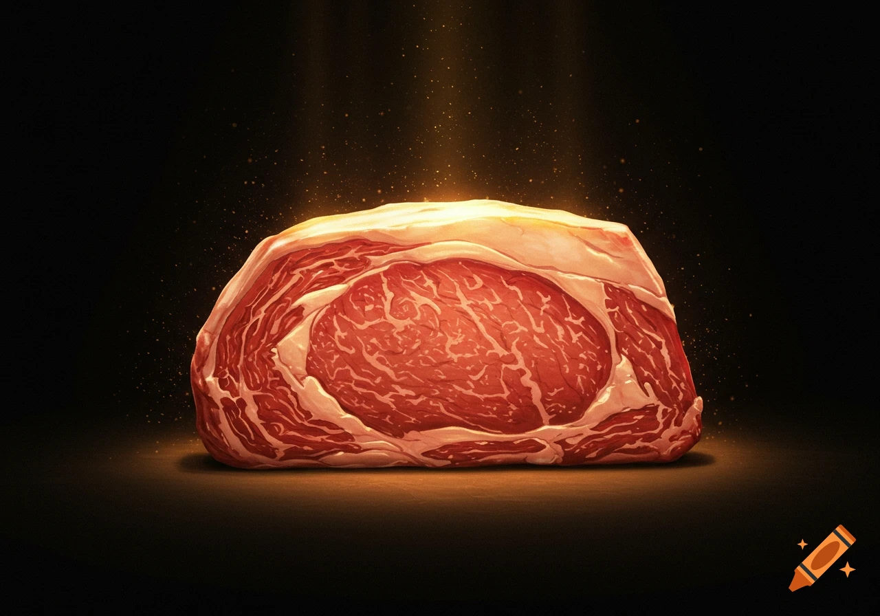 A raw cut of meat on a dark background with dramatic lighting.