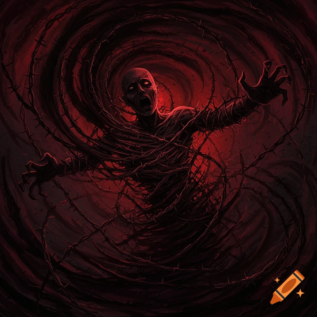 A screaming figure tangled in dark thorns against a swirling red background in a horror style.